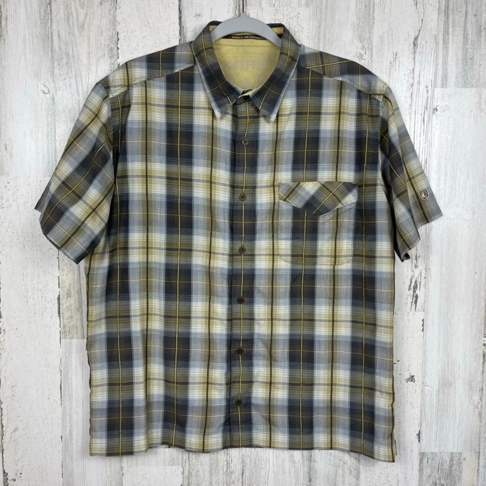 Kuhl plaid button up shirt short sleeve outdoor brown yellow men's size medium